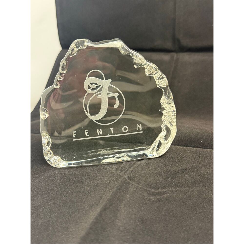 Fenton Clear Glass Logo Paperweight / Dealer Display Plaque